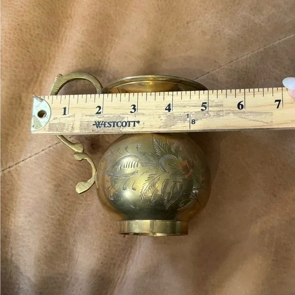 Vintage Etched Solid Brass Pitcher 5” Tall Floral Pattern - Picture 7 of 7